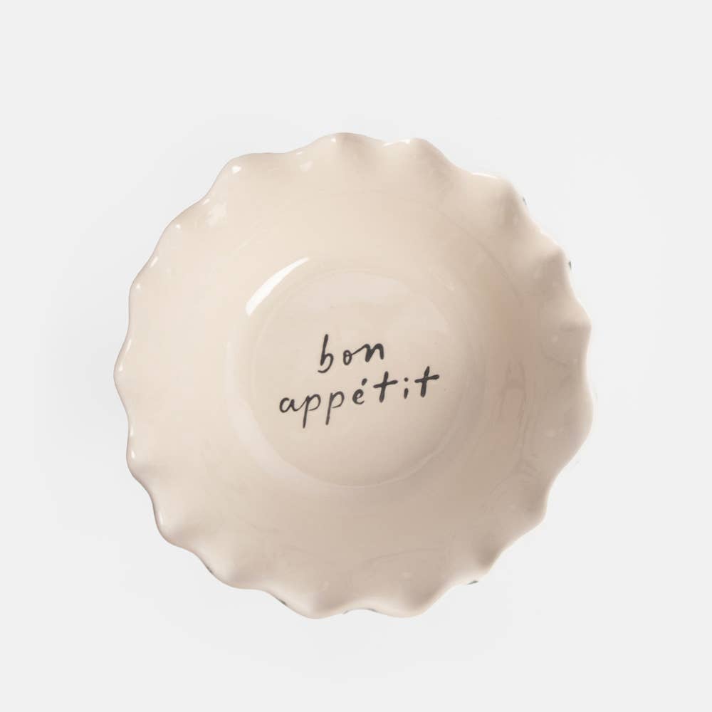 Caroline Gardner - Teal Stripe 'Bon Appetit' Frilly Bowl