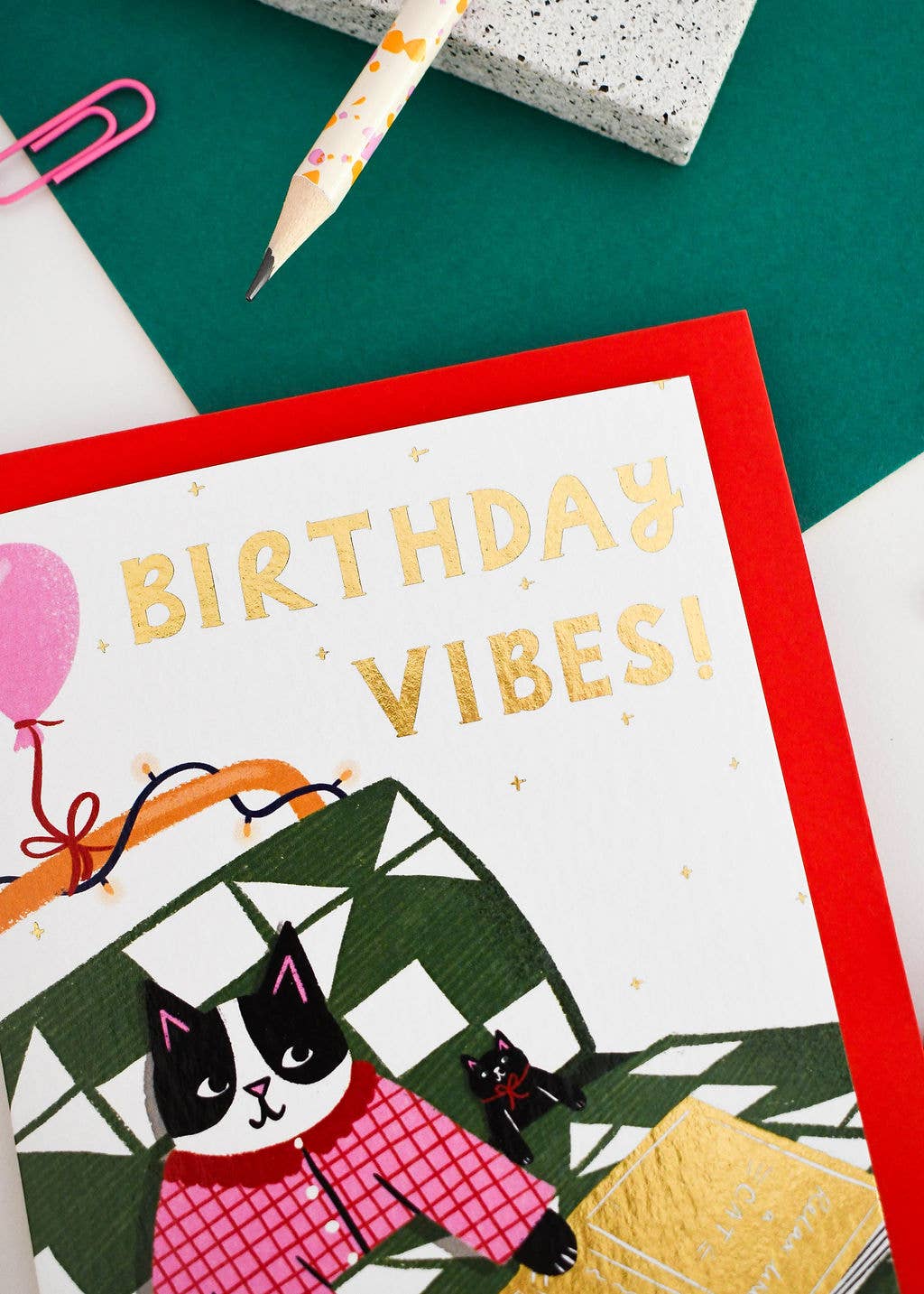 Nat ElIis Illustration - Foiled Cat Birthday Greeting Card