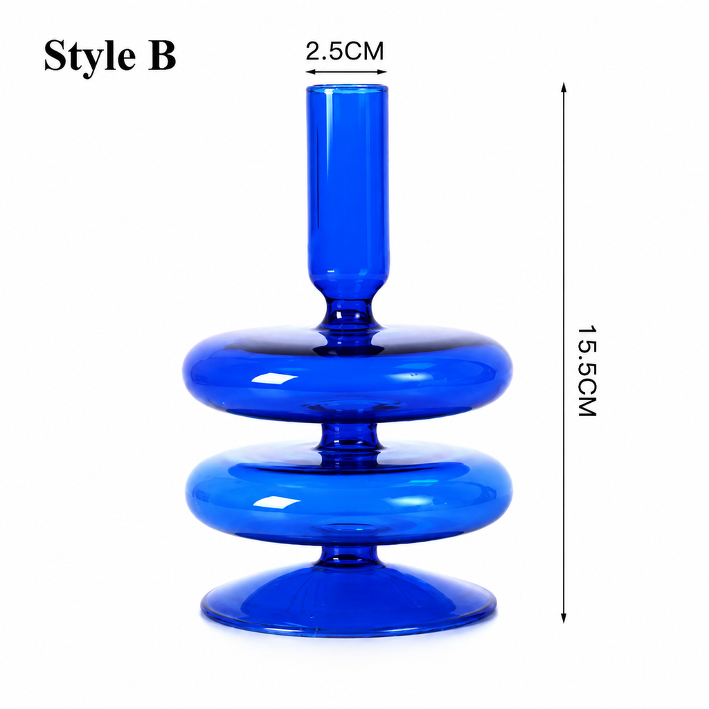 Blue Glass Candlestick Holder / Vase - Modern Candle Stand
