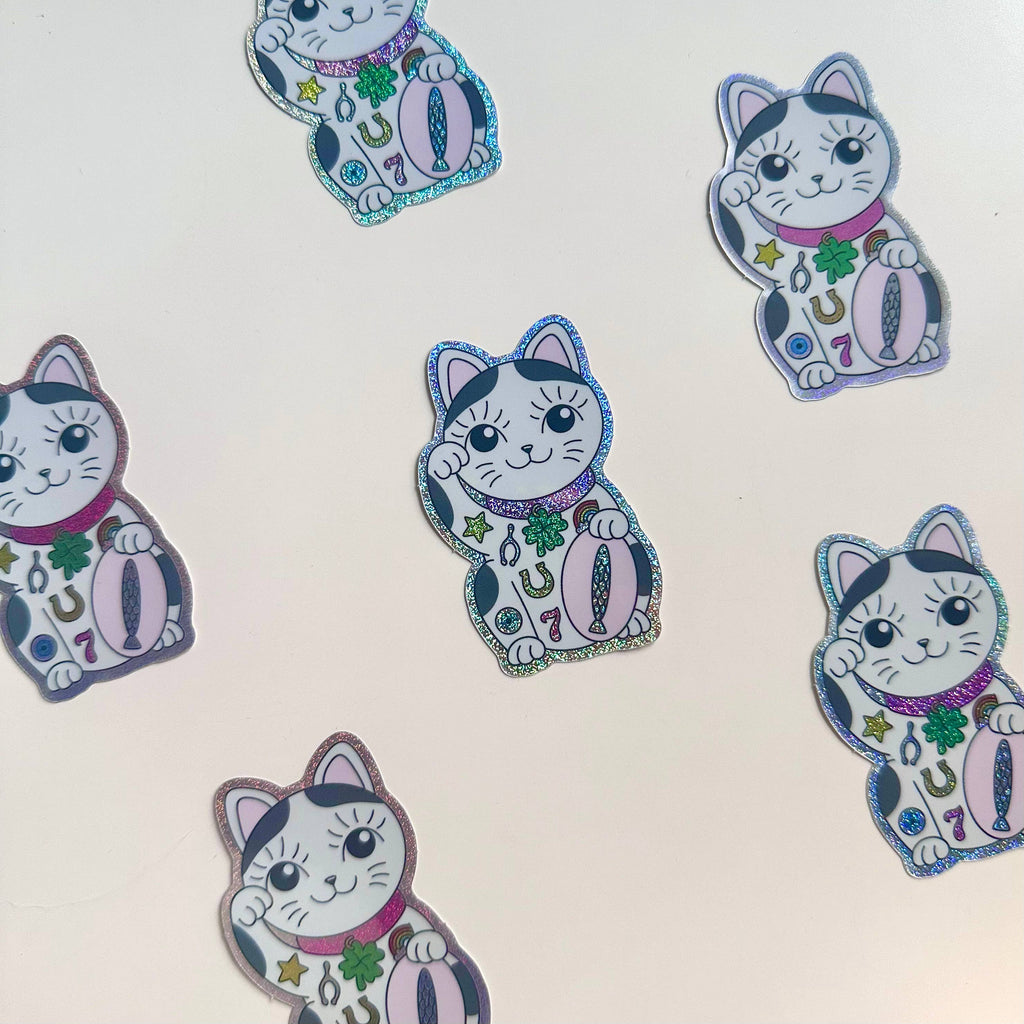 Holographic Sticker | Glitter Lucky Fortune Cat Clover Cute