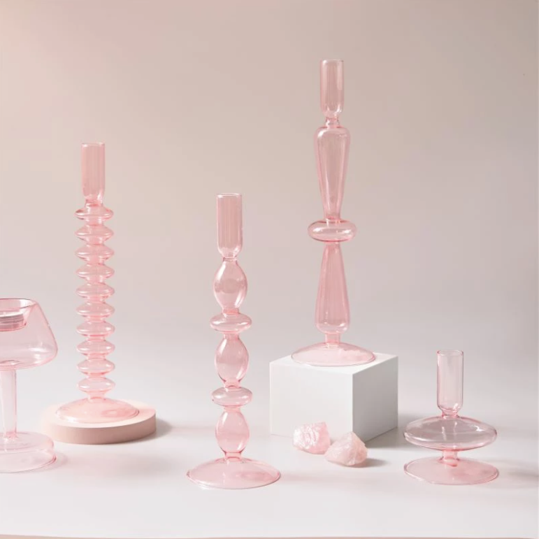 Pink Glass Candlestick Holder | Flower Vase