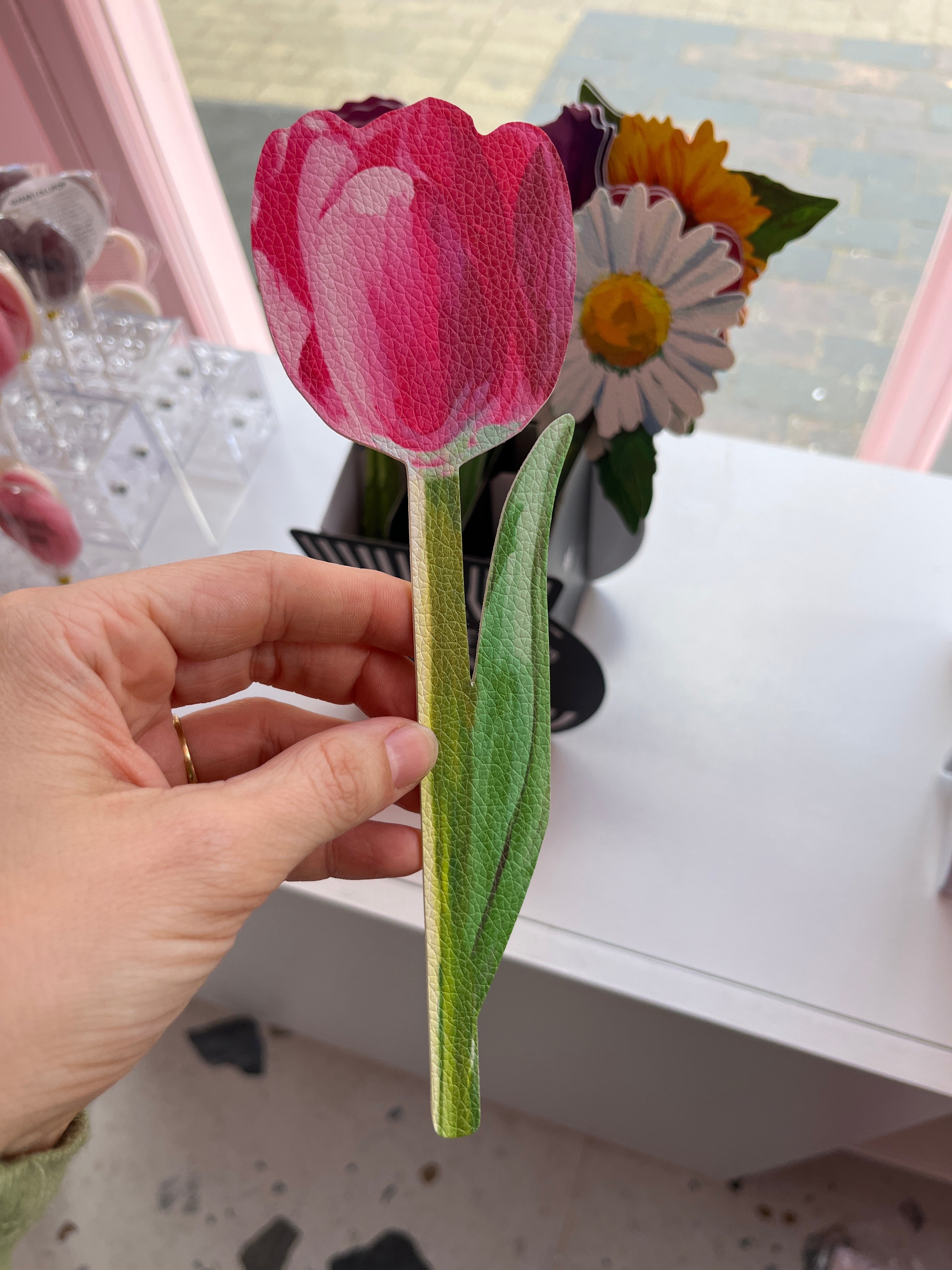 Vegan leather Flower Bookmark (pink tulip)