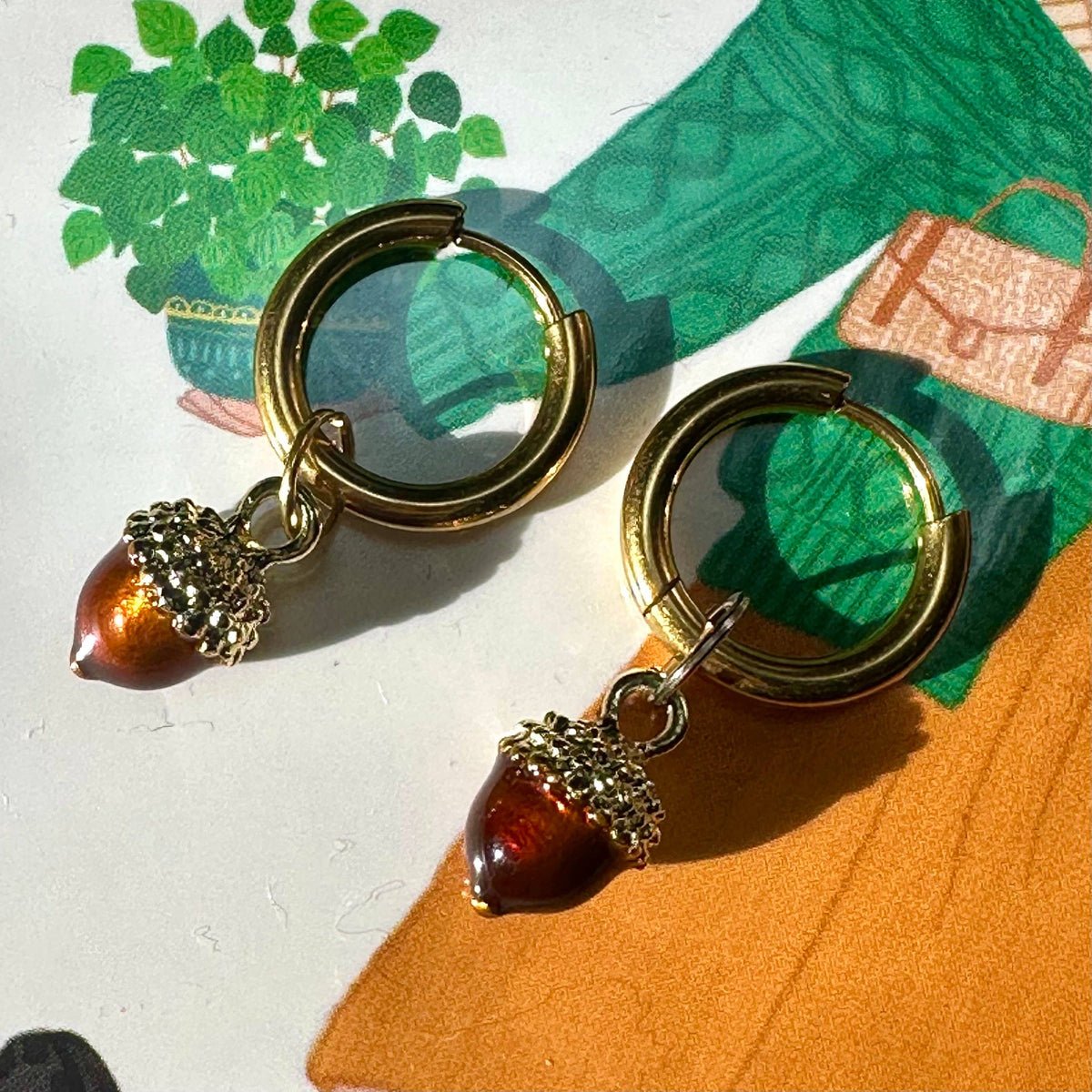 Autumn Acorn 🍂 Detachable Enamel Charm Hoop Earrings