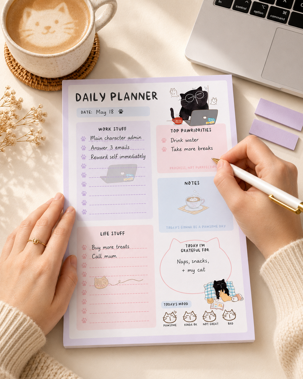 Kawaii Cat Daily Planner Notepad, A5, 50 pages, Mood Tracker