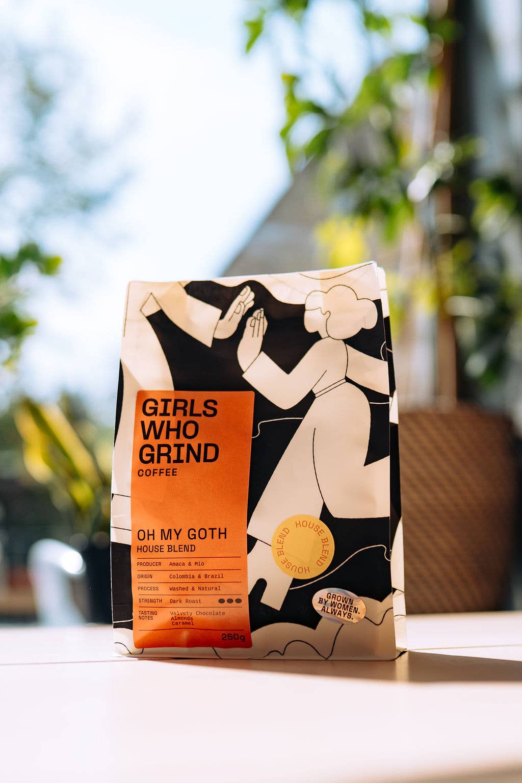 Coffee, Oh My Goth blend, dark roast, Brazil & Colombia.