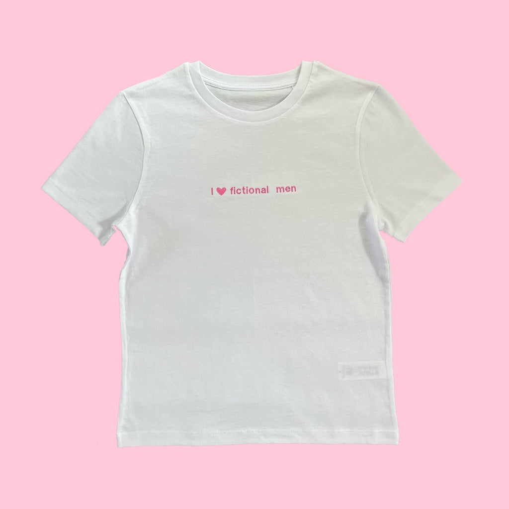 “I <3 fictional men” - Embroidered white T-Shirt