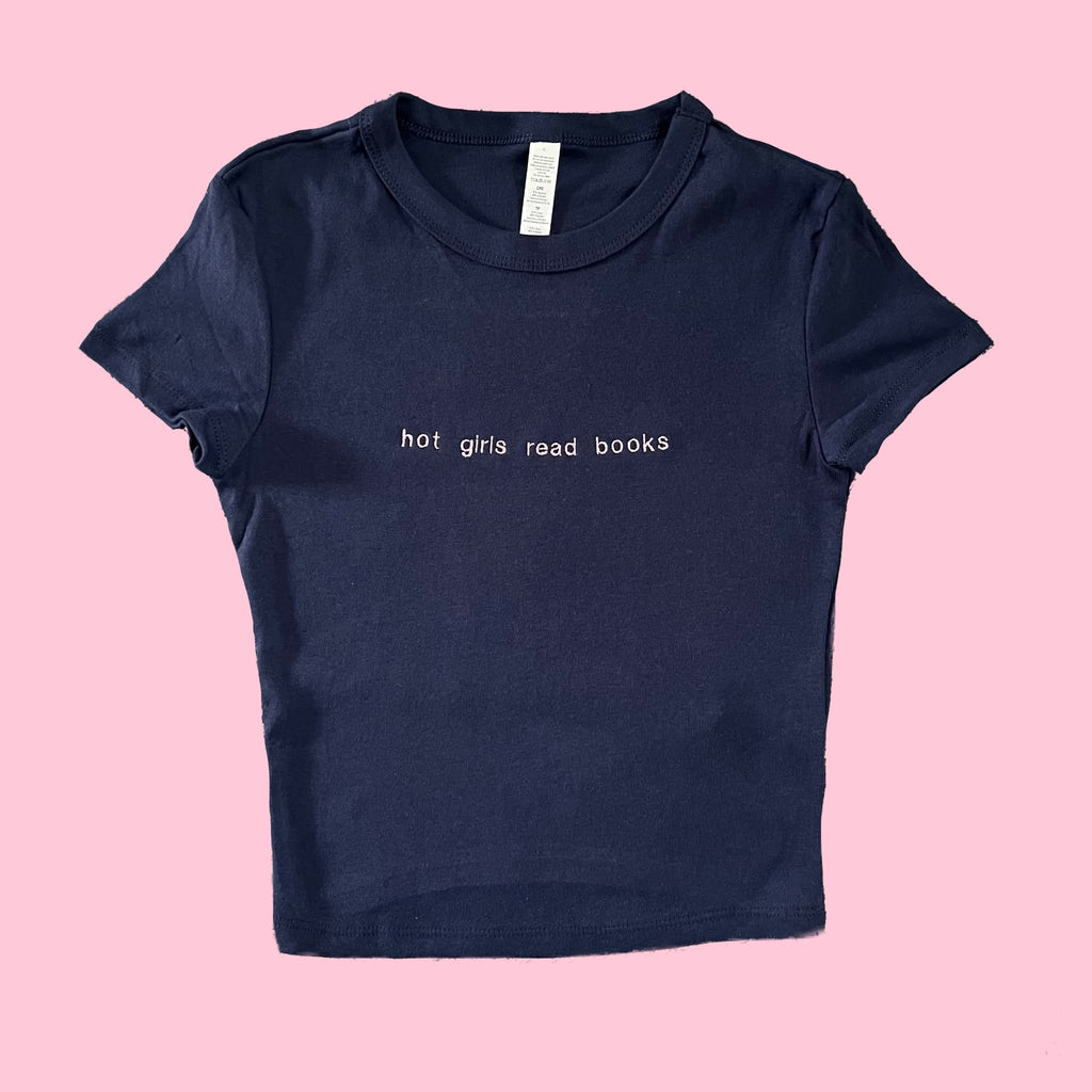 “Hot girls read books” - Embroidered Navy T-Shirt
