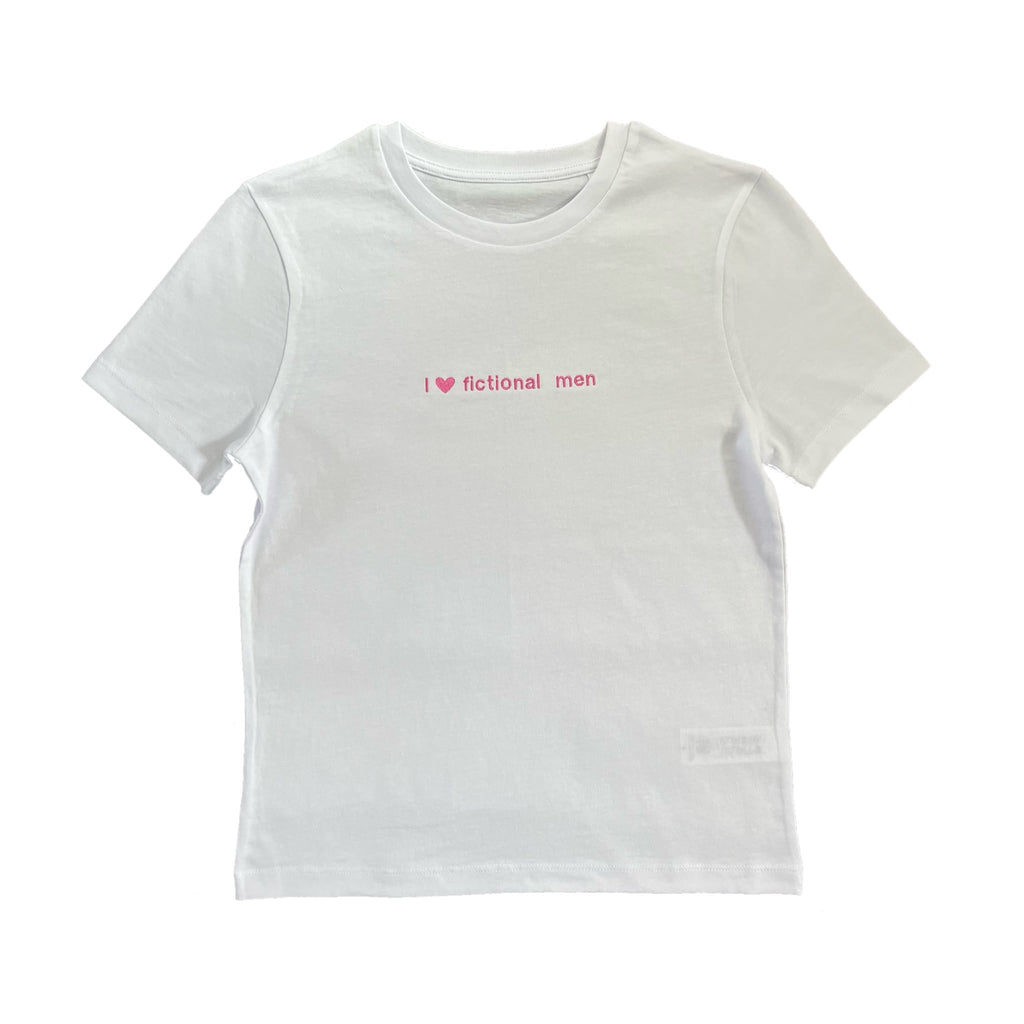 “I <3 fictional men” - Embroidered white T-Shirt