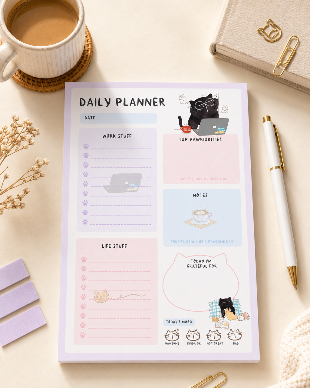 Kawaii Cat Daily Planner Notepad, A5, 50 pages, Mood Tracker
