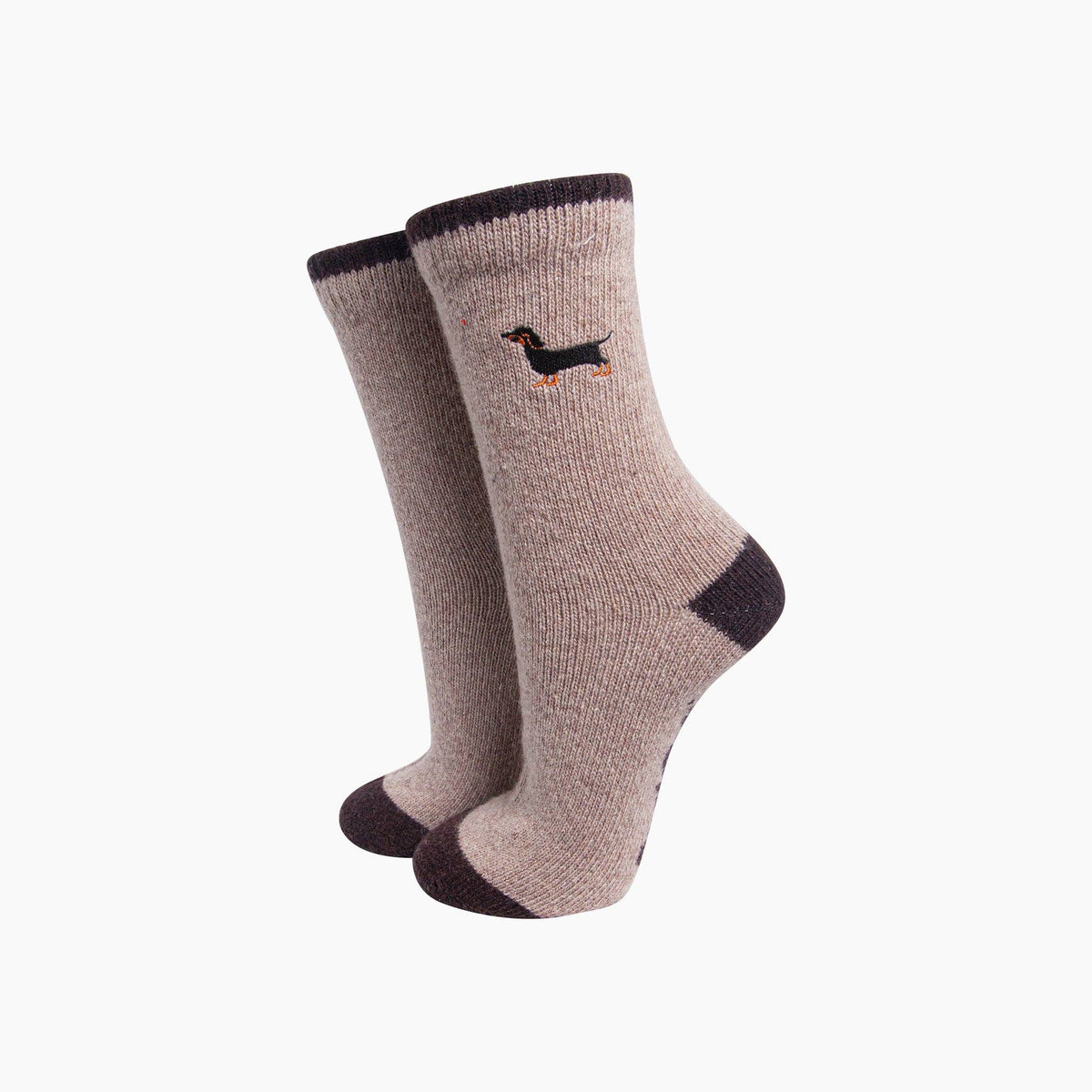 Sausage Dog Embroidered Wool Socks in Beige