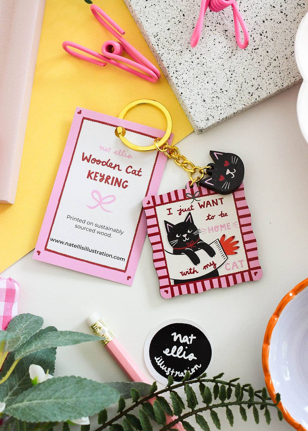 Nat ElIis Illustration - Just Want to be Home With My Cat Wooden Cat Keyring