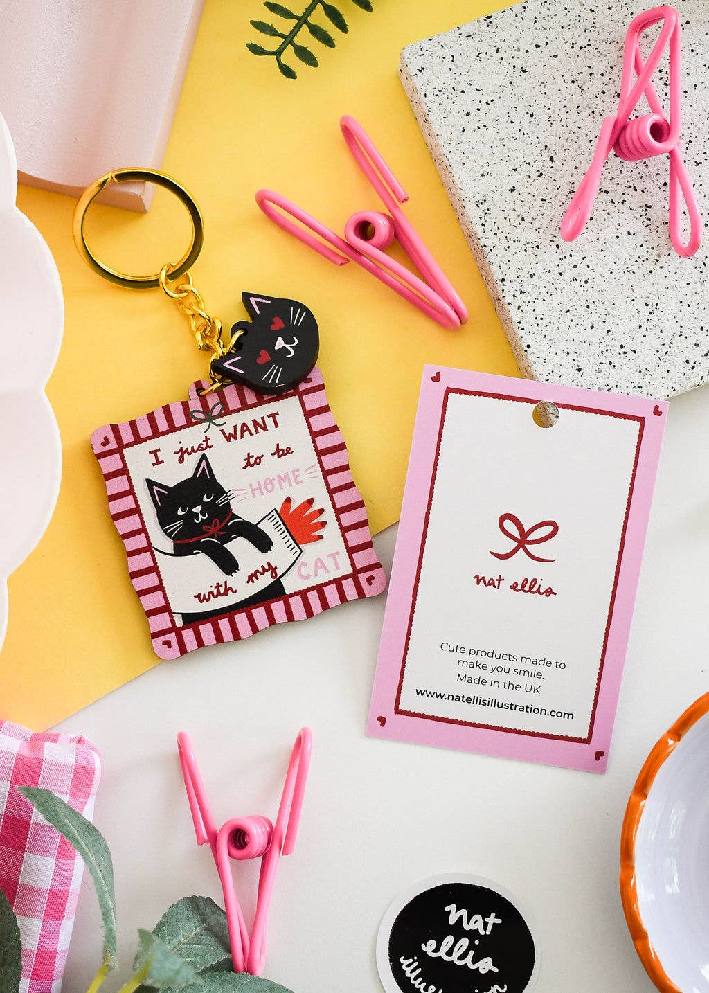 Nat ElIis Illustration - Just Want to be Home With My Cat Wooden Cat Keyring