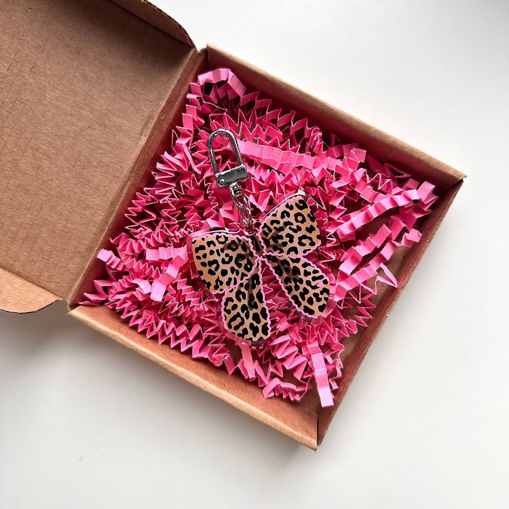 Leopard Bow Keyring Pink Cute Animal Print Gift