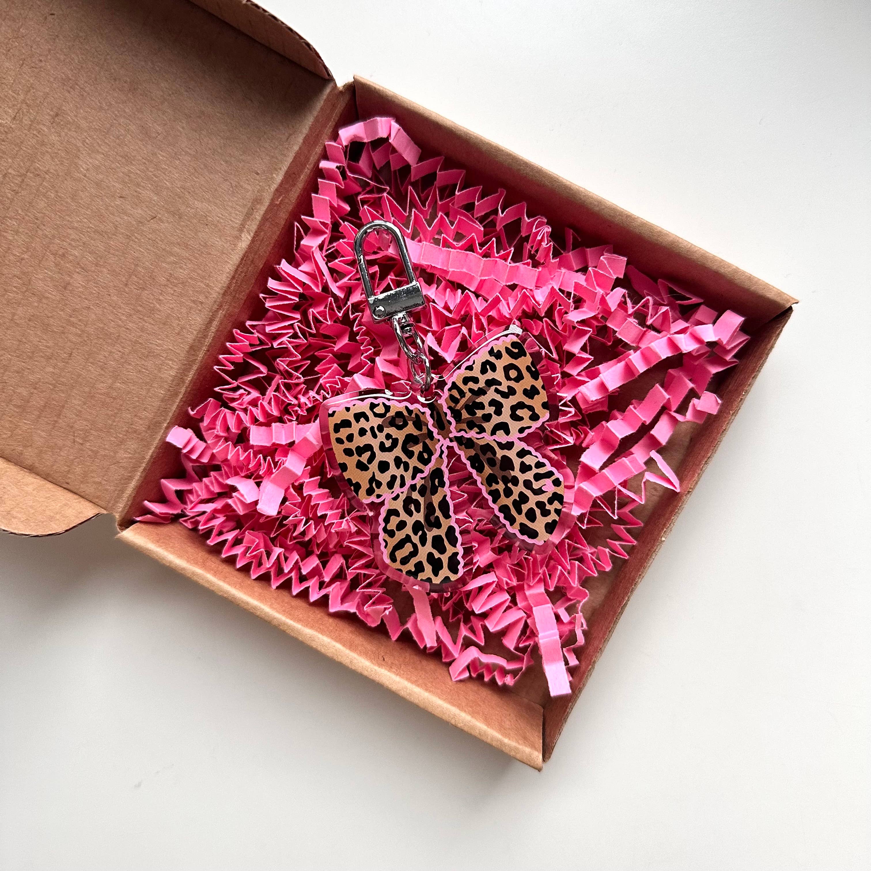 Leopard Bow Keyring Pink Cute Animal Print Gift