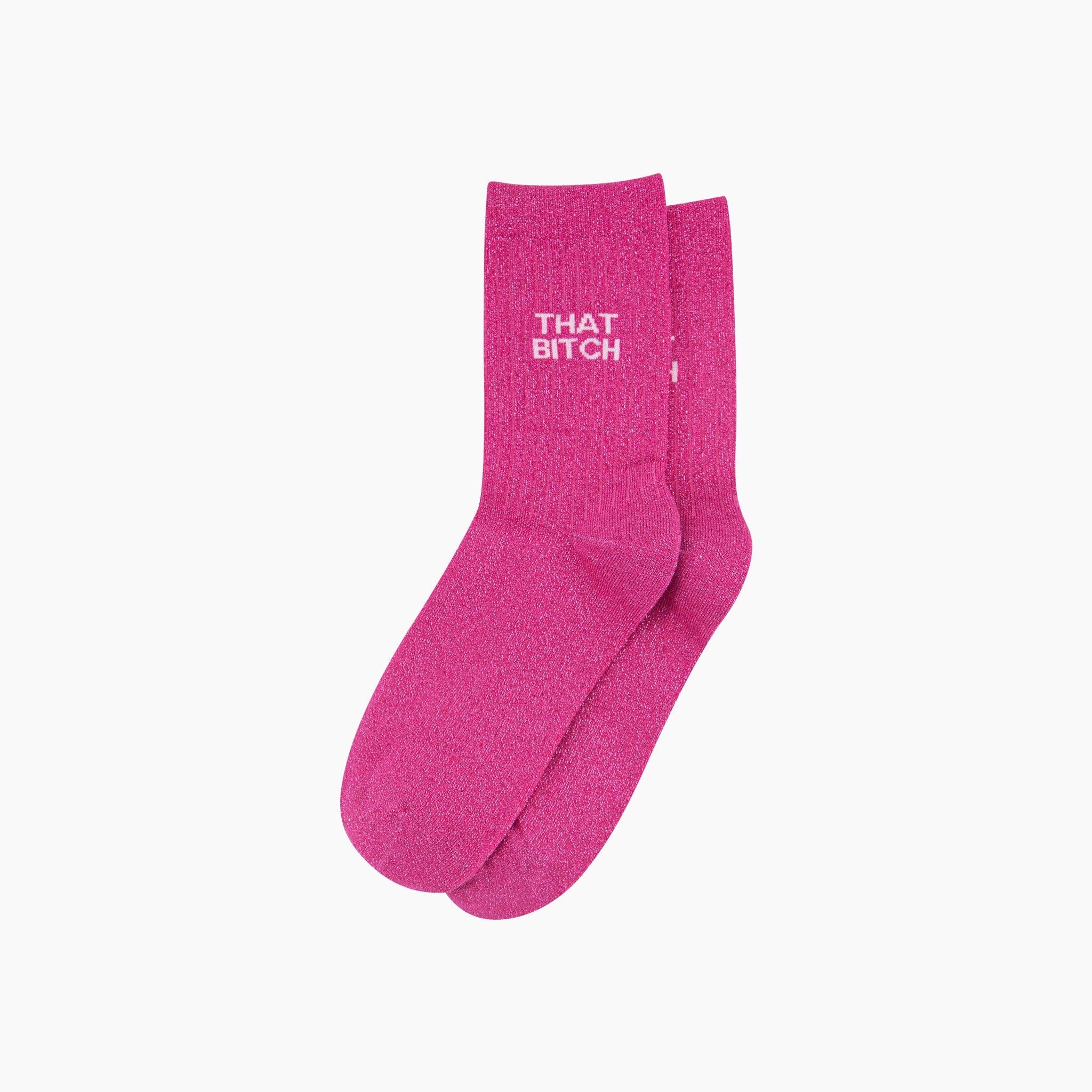 That Bitch Combed Cotton Glitter Socks in Hot Pink