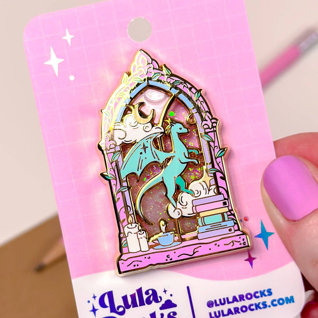 Library Window Liquid Glitter Enamel Pin – Bookish Fantasy Pin