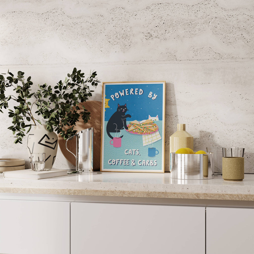 Nat ElIis Illustration - Powered By Coffee, Carbs & Cats  A4 Heavyweight Art Print