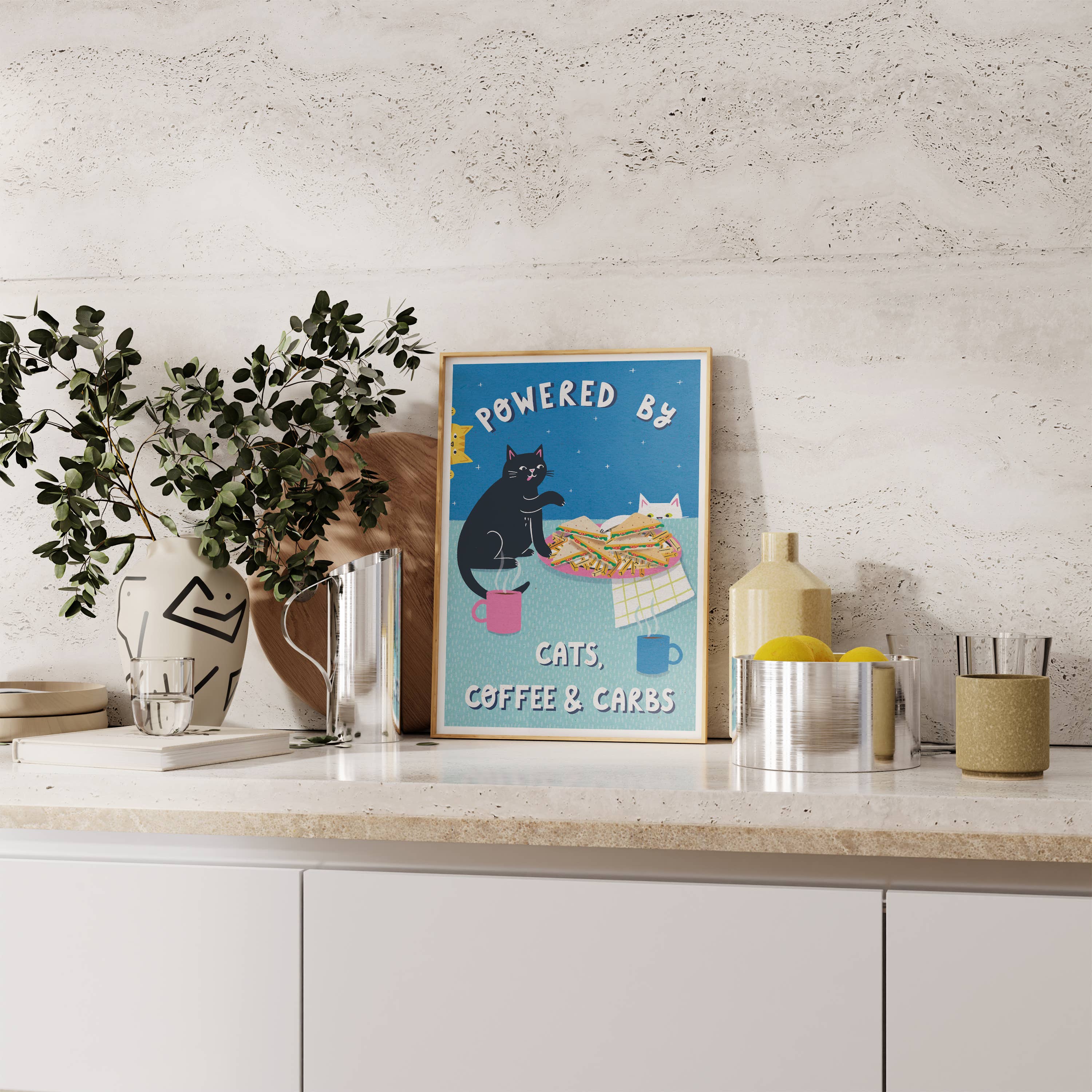 Nat ElIis Illustration - Powered By Coffee, Carbs & Cats  A4 Heavyweight Art Print