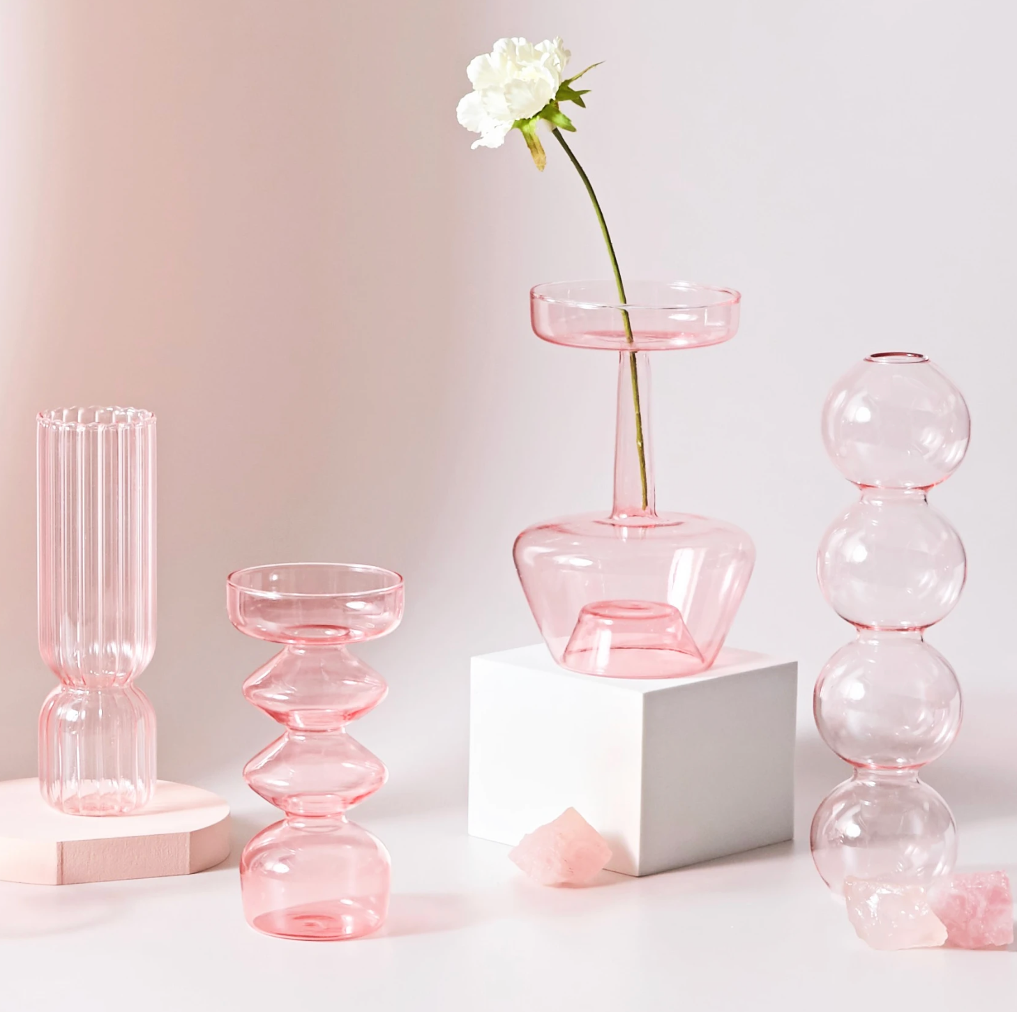 Pink Glass Candlestick Holder | Flower Vase
