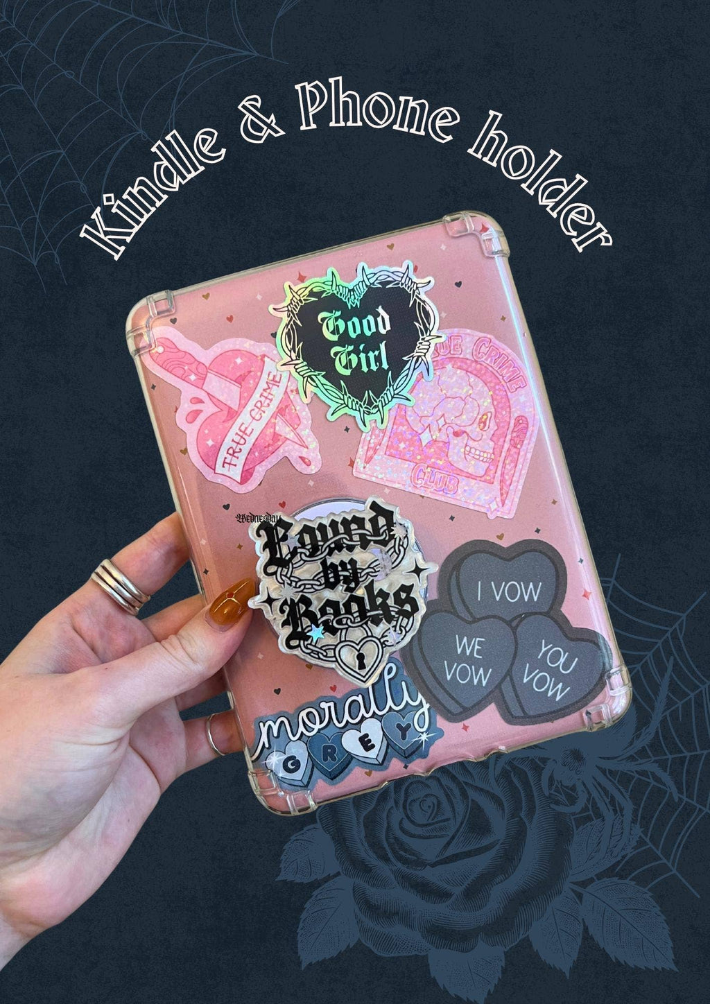 "Bound By Books" Luxury Magnetic Kindle Grip & Phone holder (dark romance)