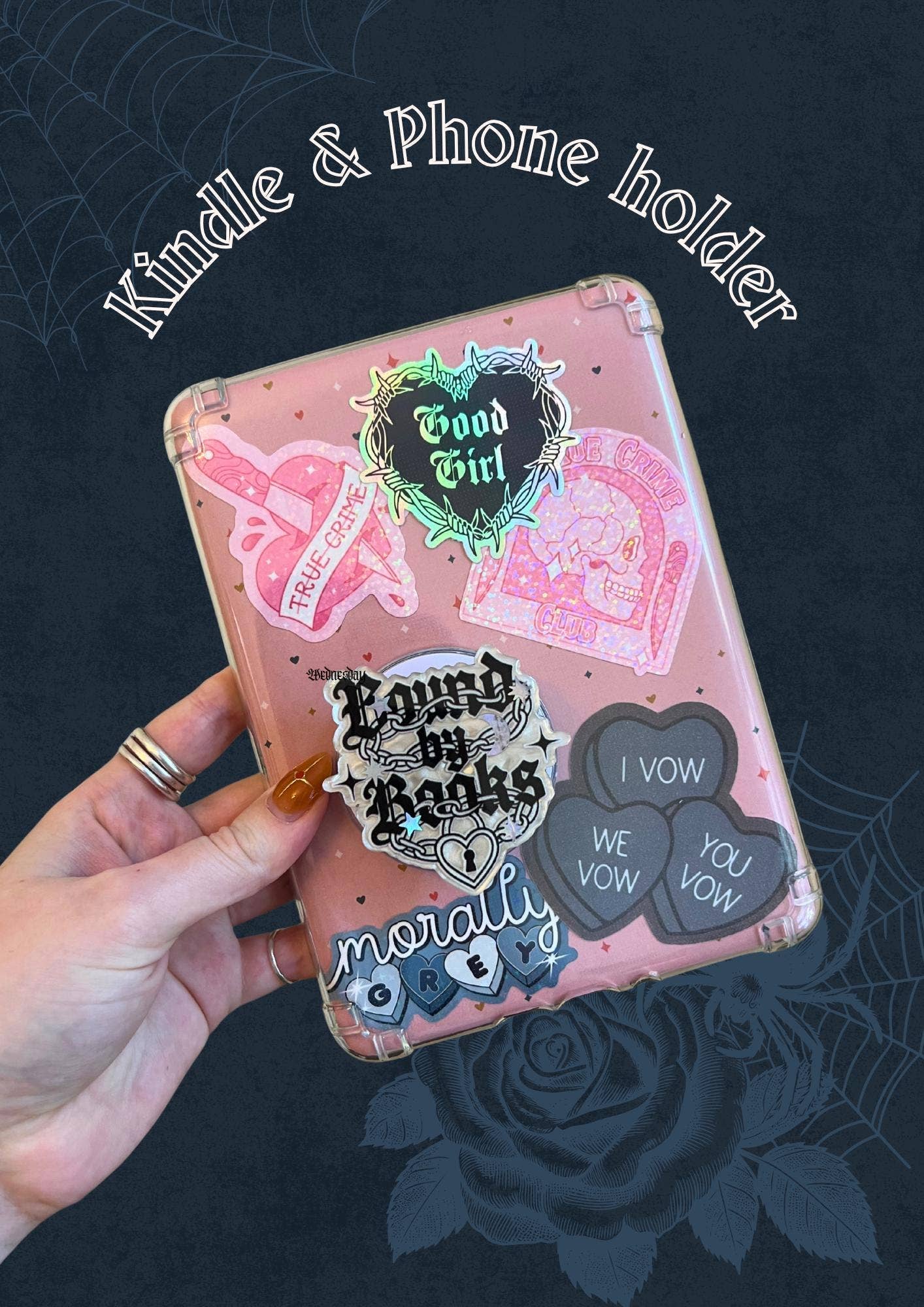 "Bound By Books" Luxury Magnetic Kindle Grip & Phone holder (dark romance)