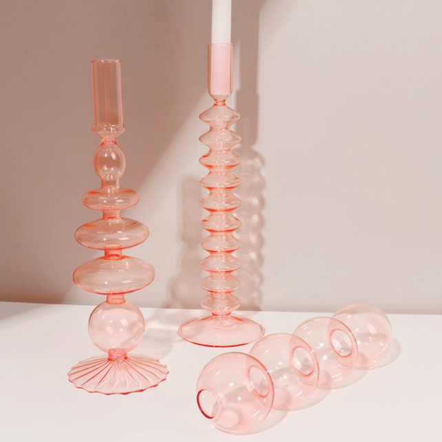 Pink Glass Candlestick Holder | Flower Vase
