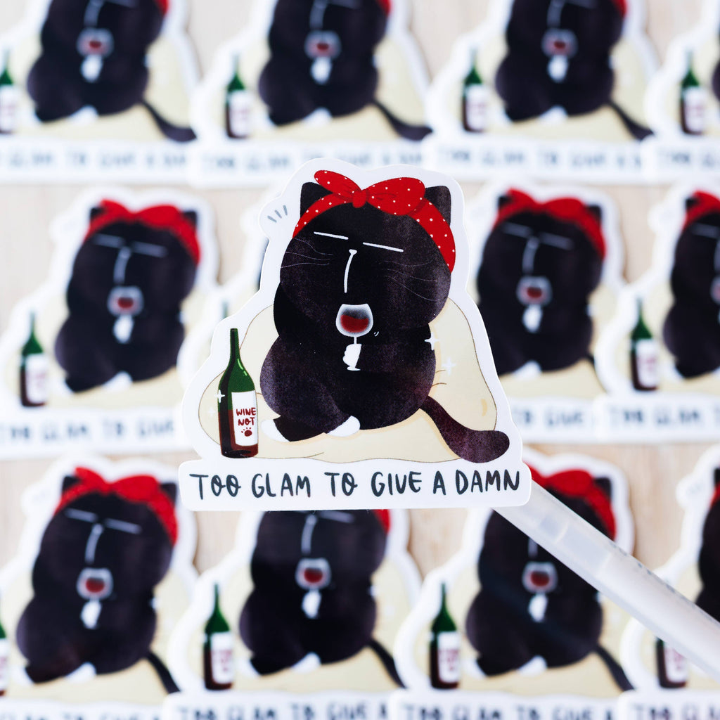 "Too glam to give a damn" black cat sticker