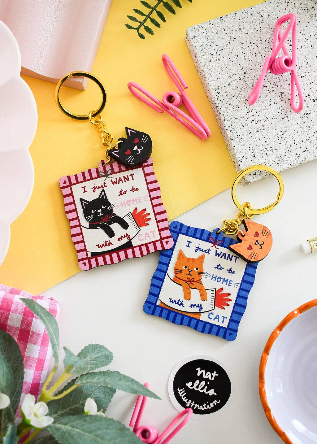 Nat ElIis Illustration - Just Want to be Home With My Cat Wooden Cat Keyring