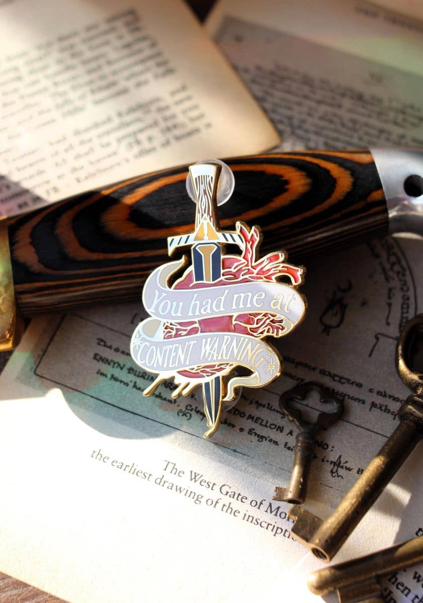Content Warning bookish enamel pin