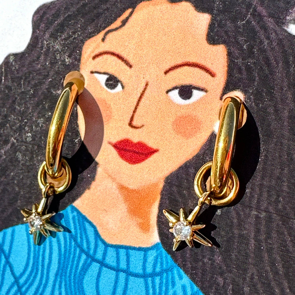 ✨ 18K Gold Rhinestone Star Charm Detachable Charm Hoop Earrings