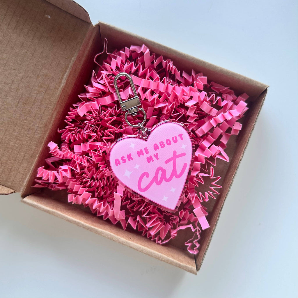 Ask Me About My Cat Keyring Pet Lover Animal Pink Gift