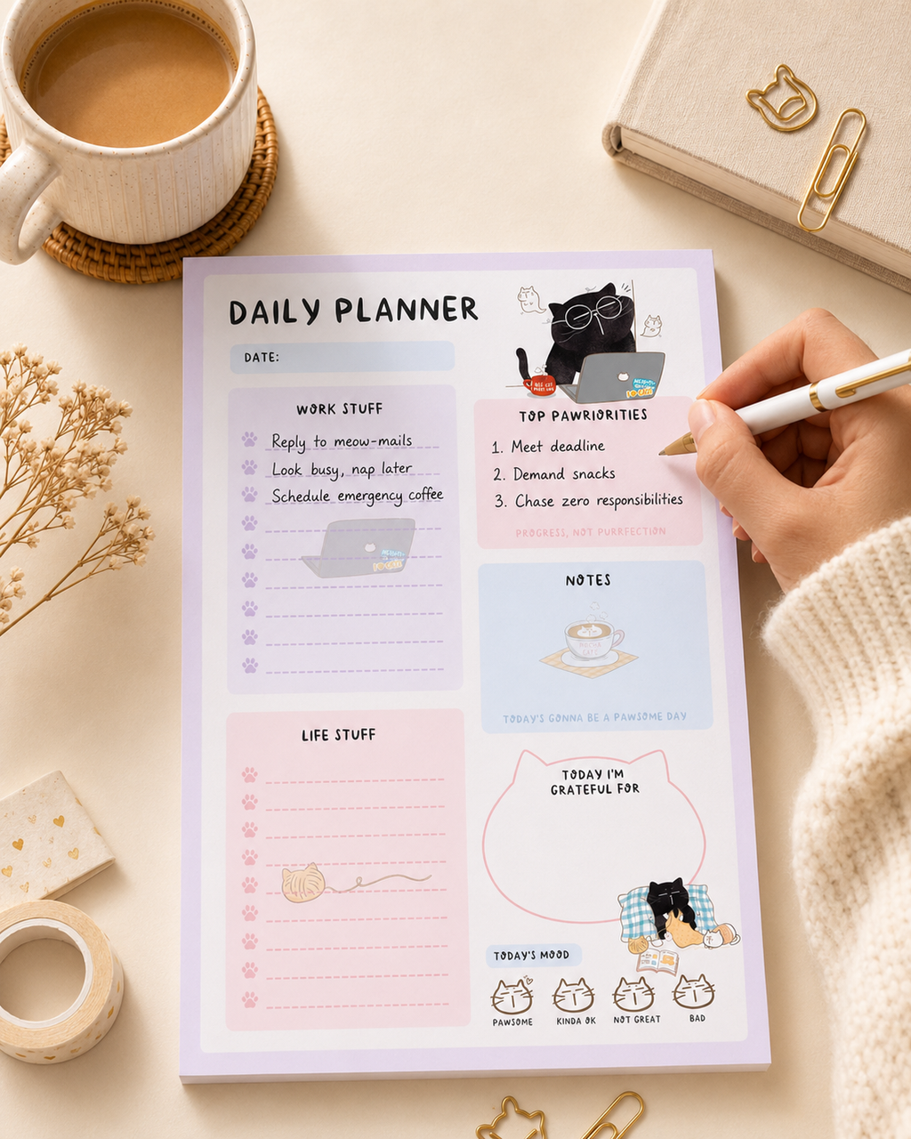 Kawaii Cat Daily Planner Notepad, A5, 50 pages, Mood Tracker