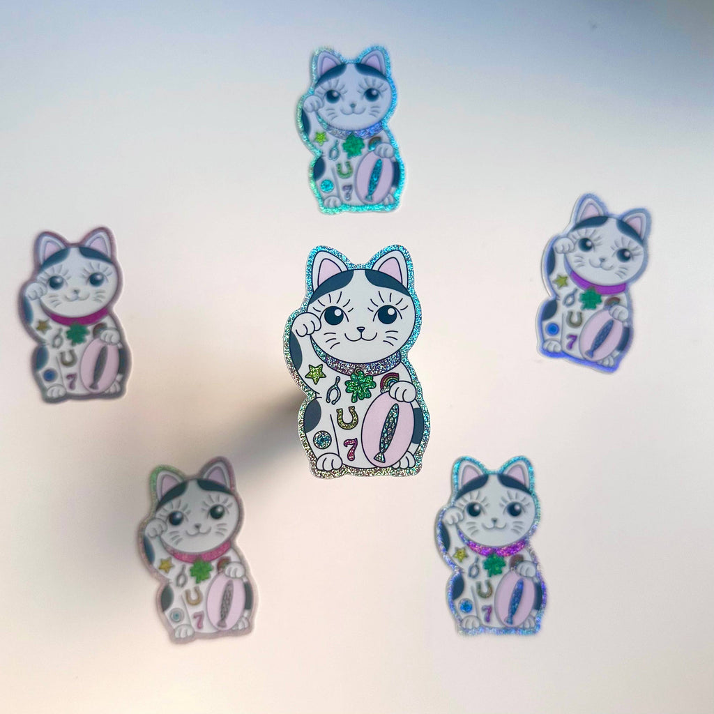 Holographic Sticker | Glitter Lucky Fortune Cat Clover Cute