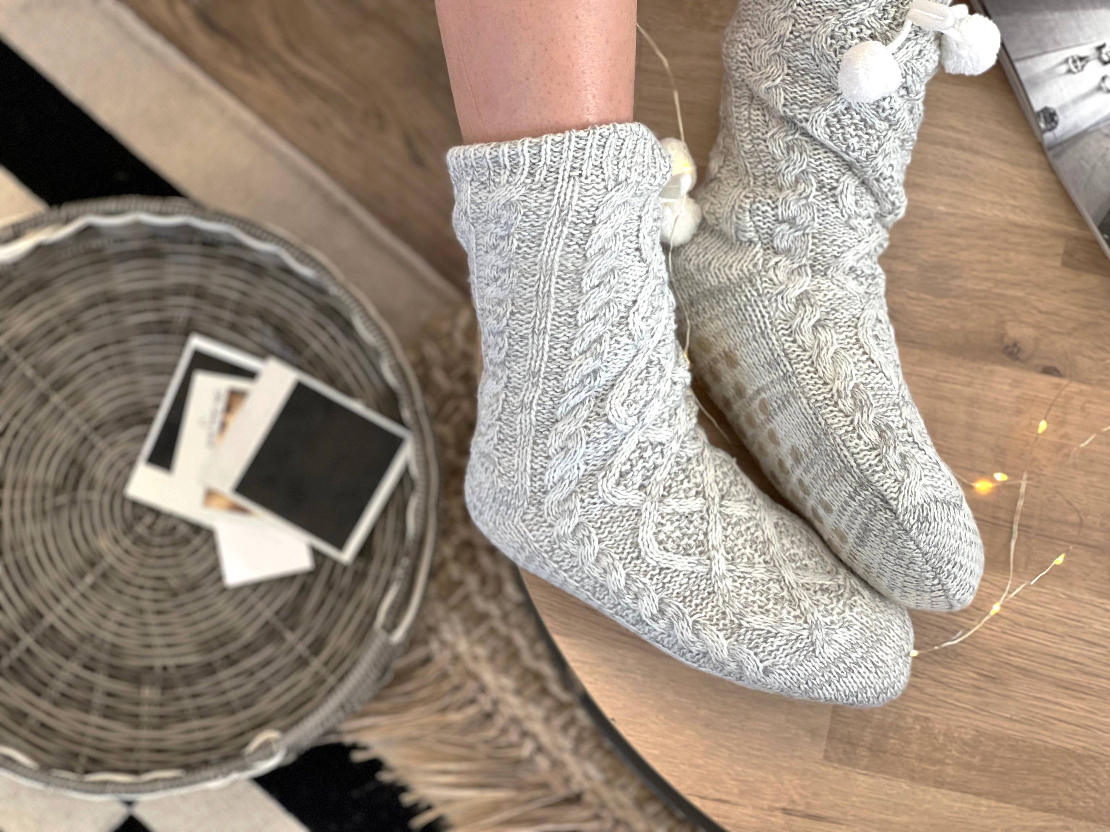 Knitted Slipper Socks - Grey Cable Knit