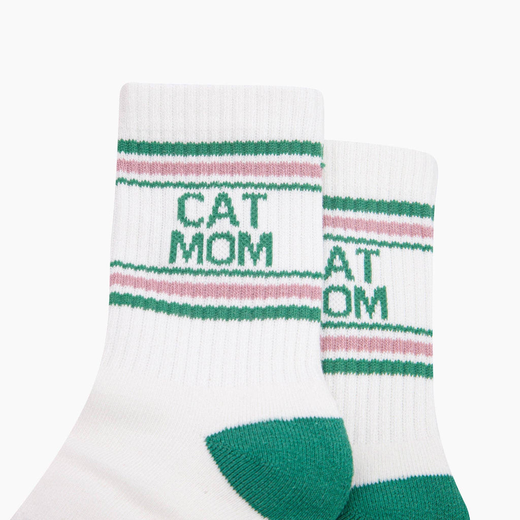 Cat Mom Organic Cotton Sports Socks in Cream/Green