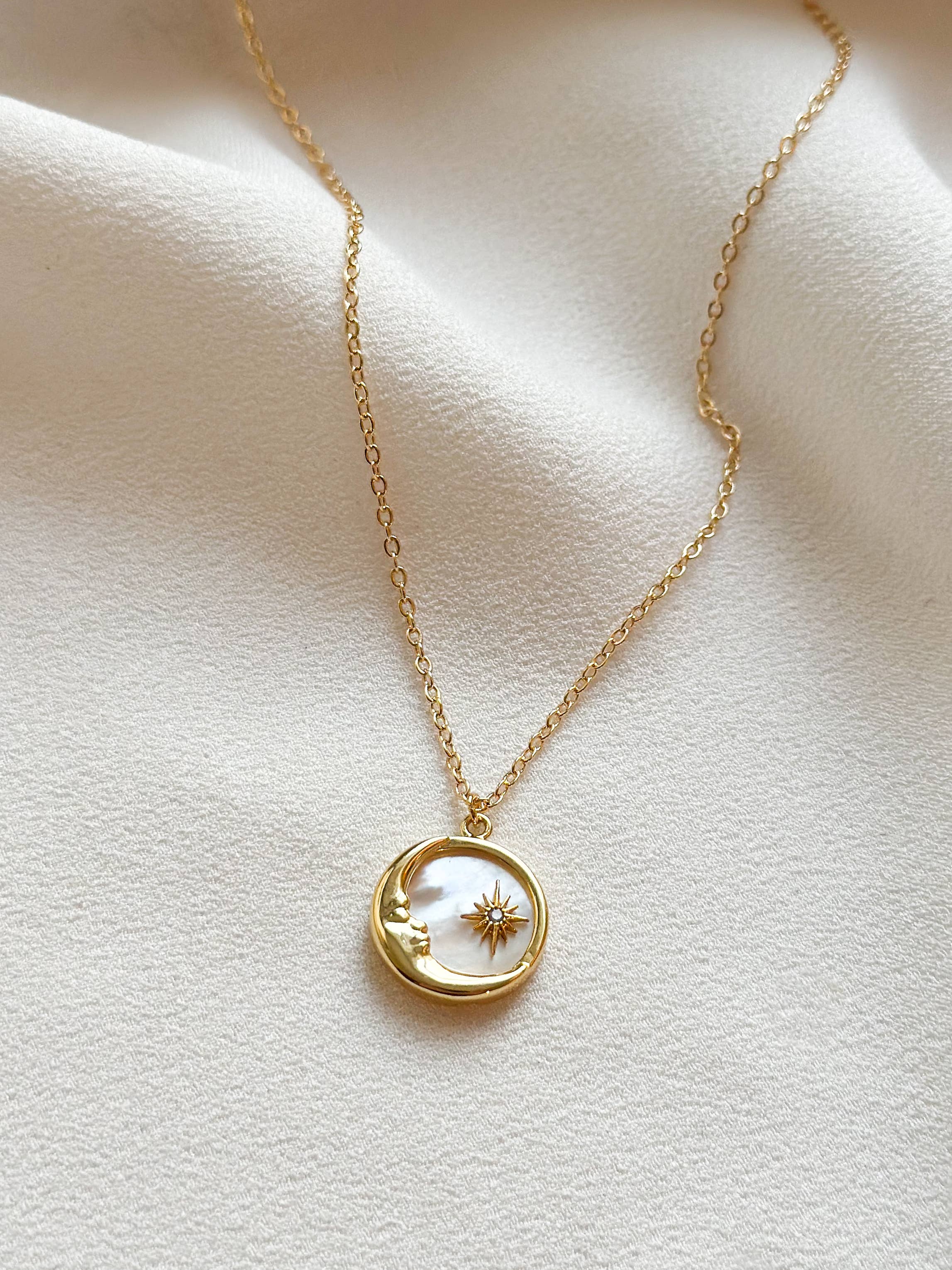 18k Gold Mother of Pearl Star & Moon Necklace
