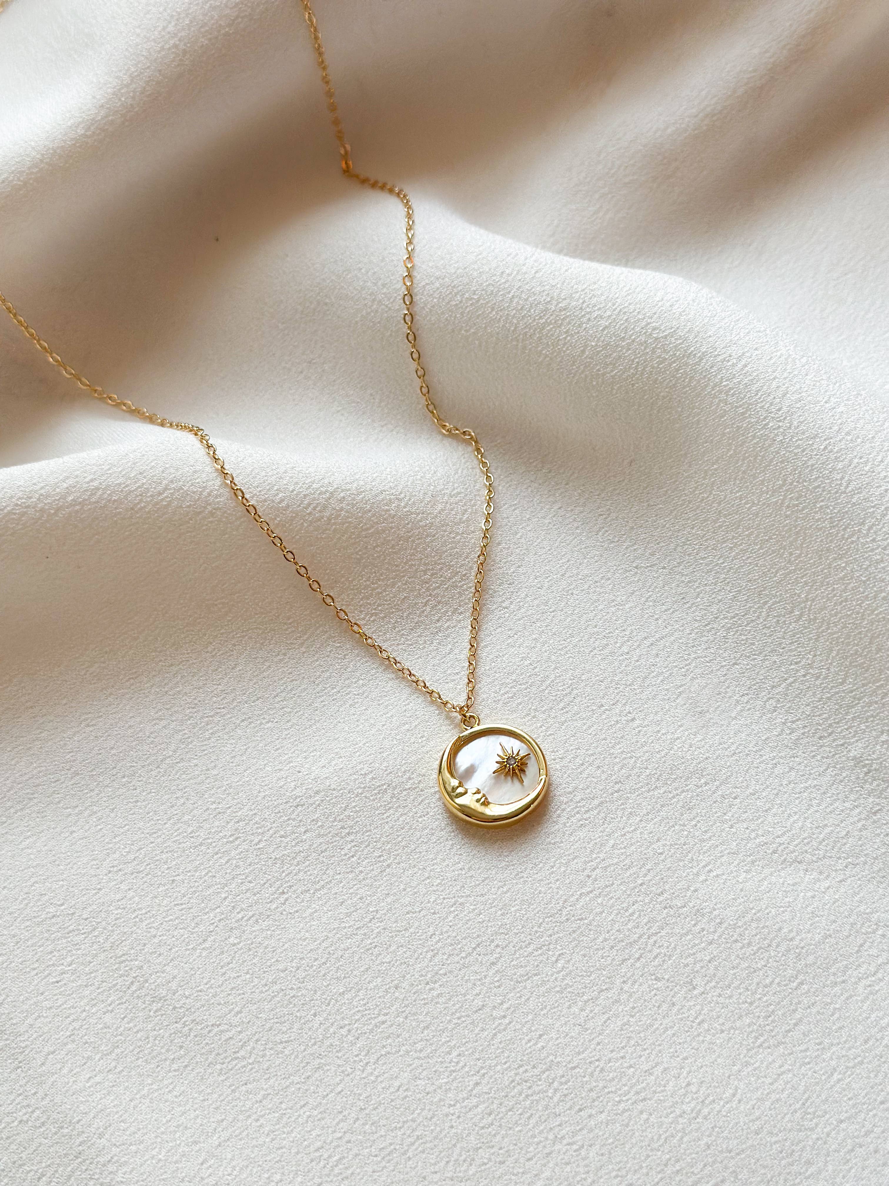 18k Gold Mother of Pearl Star & Moon Necklace