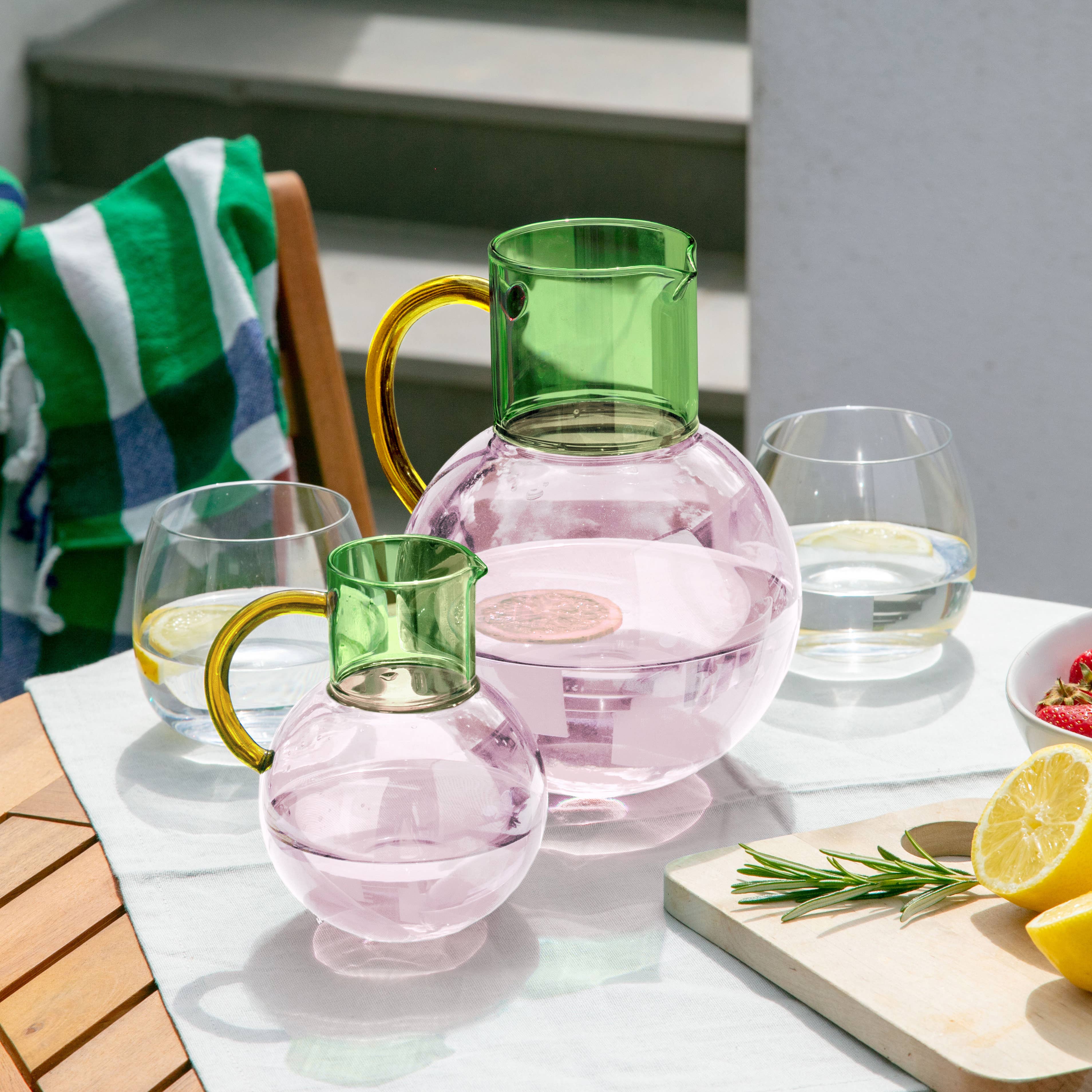 Block Design - Small Pink, Yellow and Green Glass Jug
