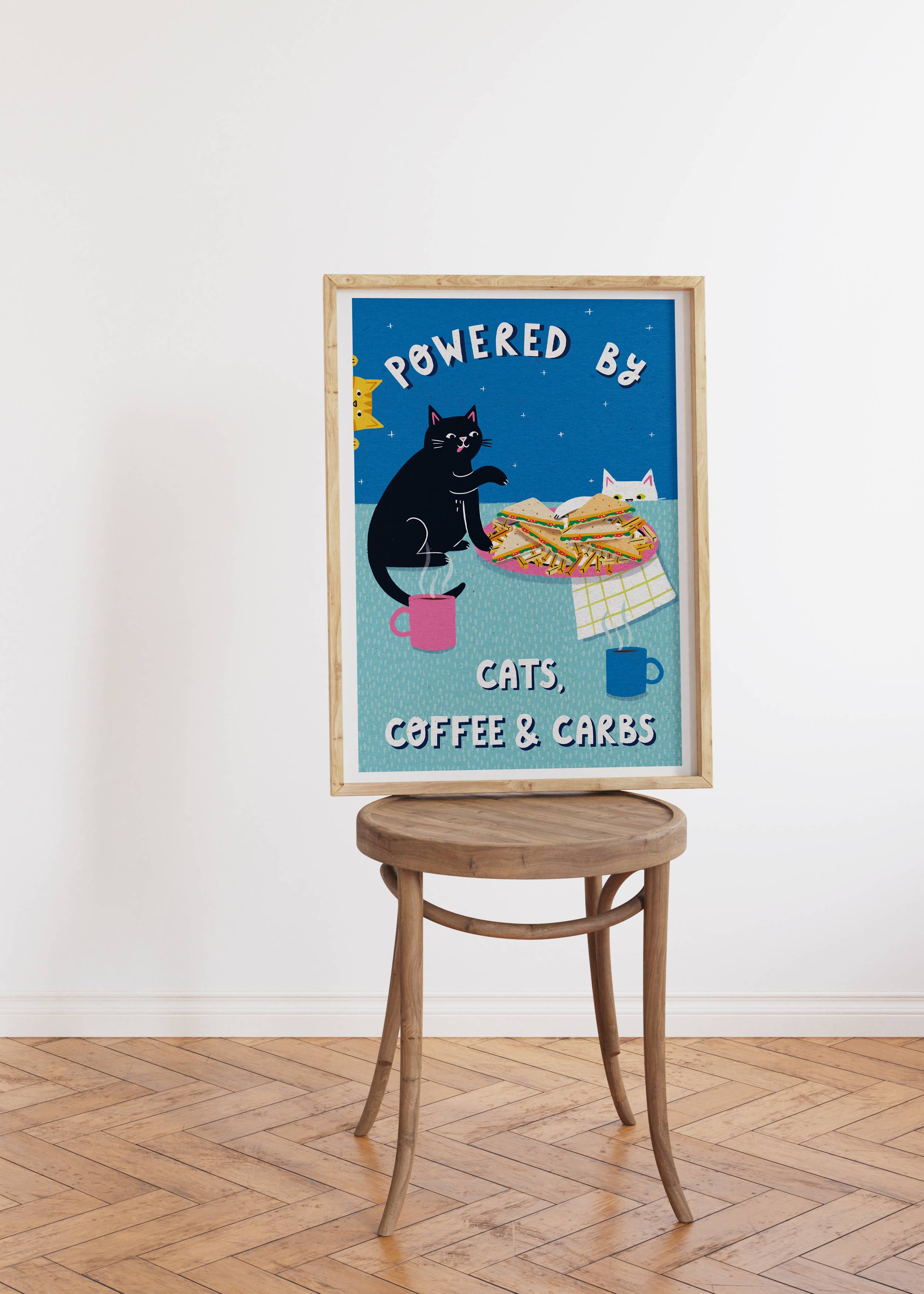 Nat ElIis Illustration - Powered By Coffee, Carbs & Cats  A4 Heavyweight Art Print