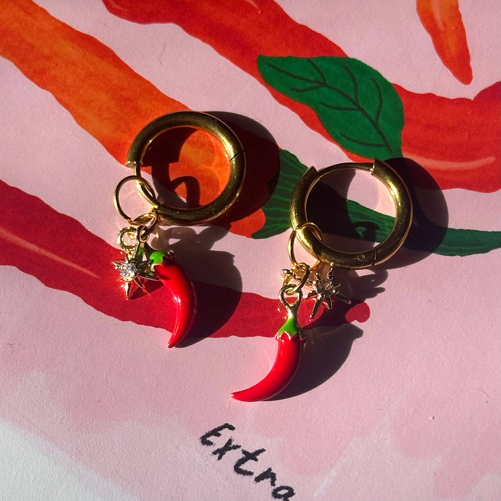 🔥 HOTTT Chilli 🌶️ & Sparkle ✨ Detachable Enamel Charm Hoop Earrings