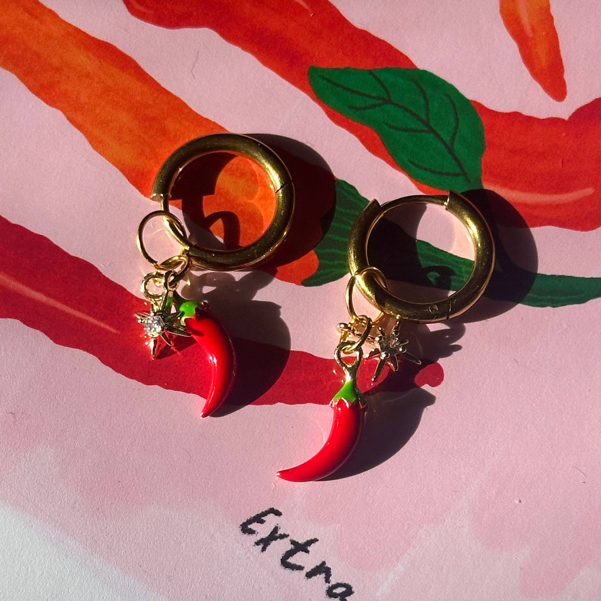 🔥 HOTTT Chilli 🌶️ & Sparkle ✨ Detachable Enamel Charm Hoop Earrings