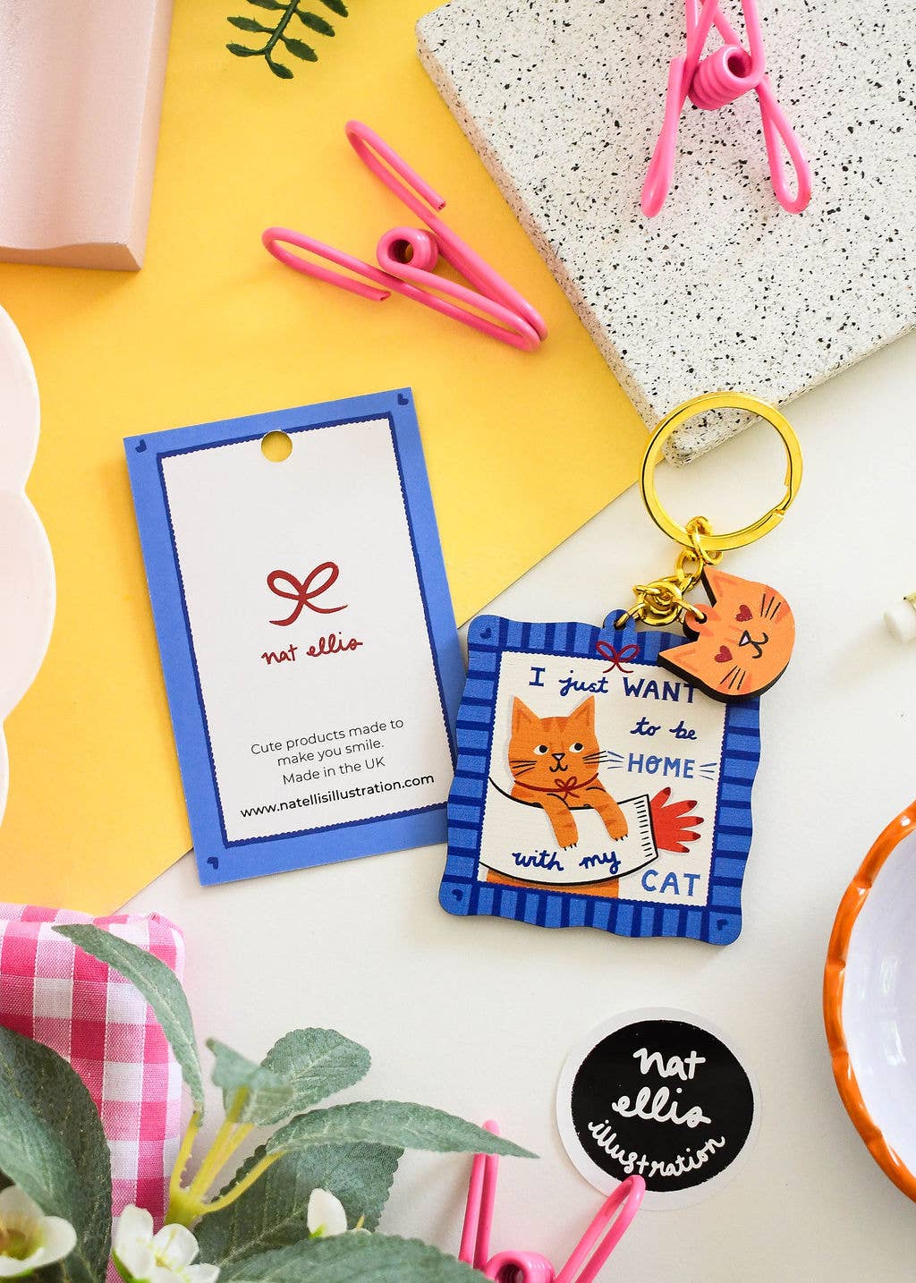 Nat ElIis Illustration - Just Want to be Home With My Cat Wooden Cat Keyring
