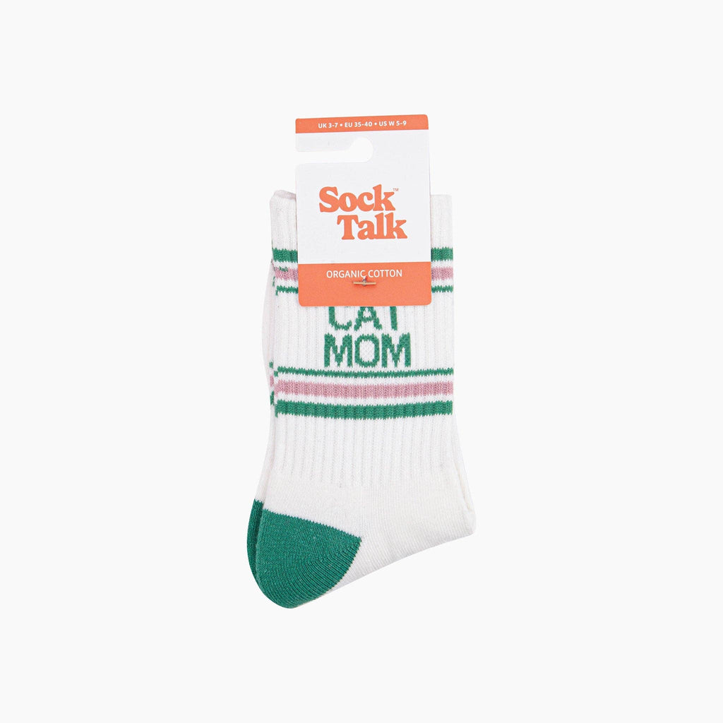 Cat Mom Organic Cotton Sports Socks in Cream/Green