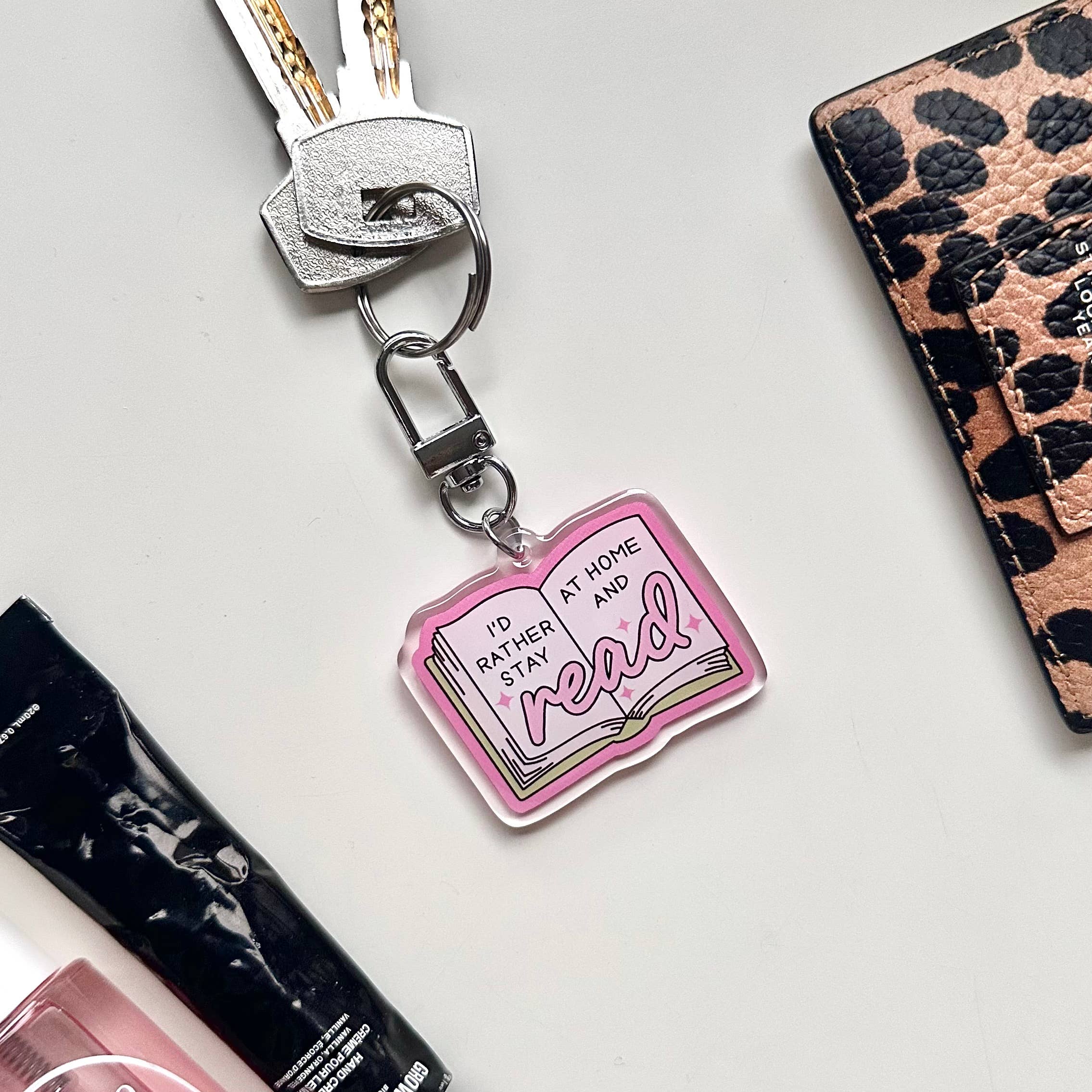 Stay Home and Read Keyring Reading Pink Bookworm Gift