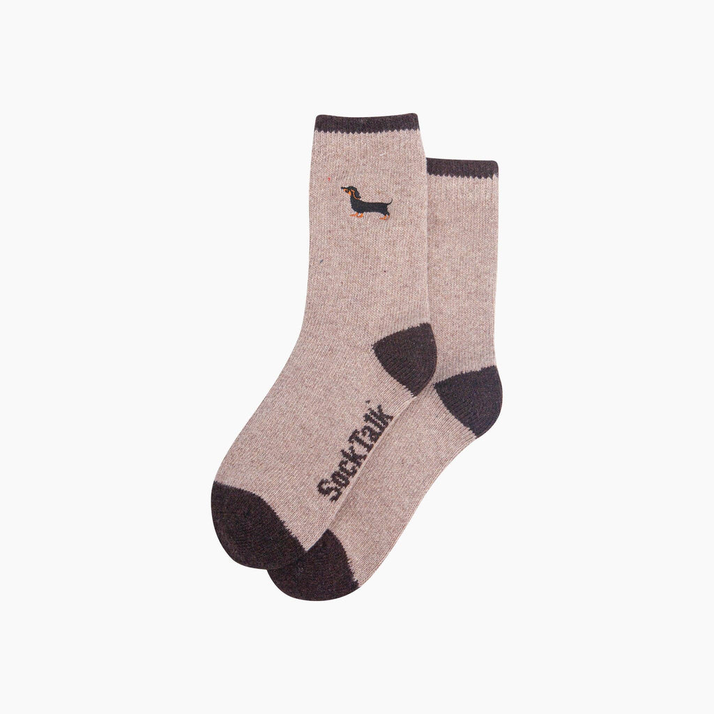 Sausage Dog Embroidered Wool Socks in Beige