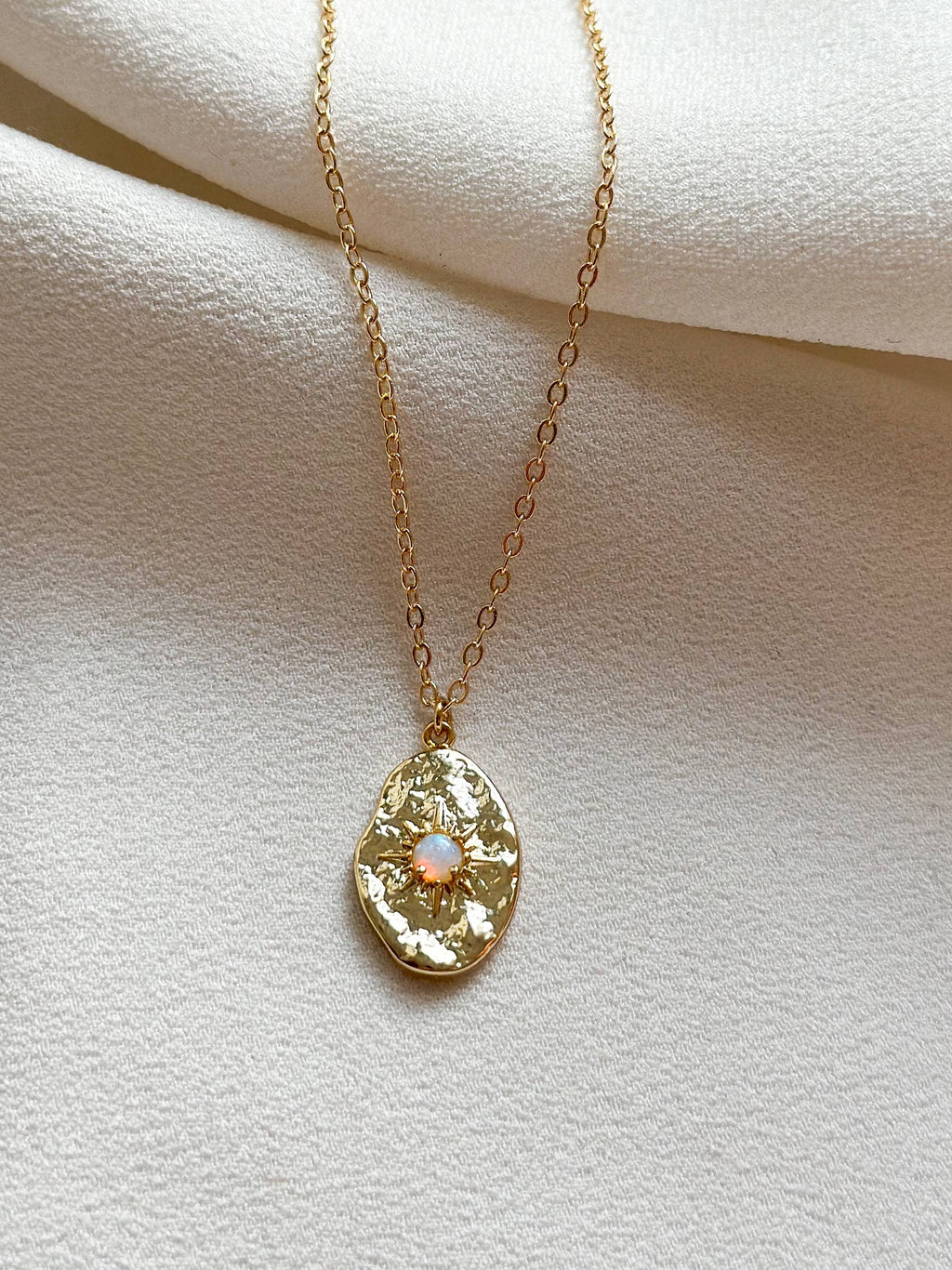 Belle - 18k Gold Opal Hammered Pendant Necklace