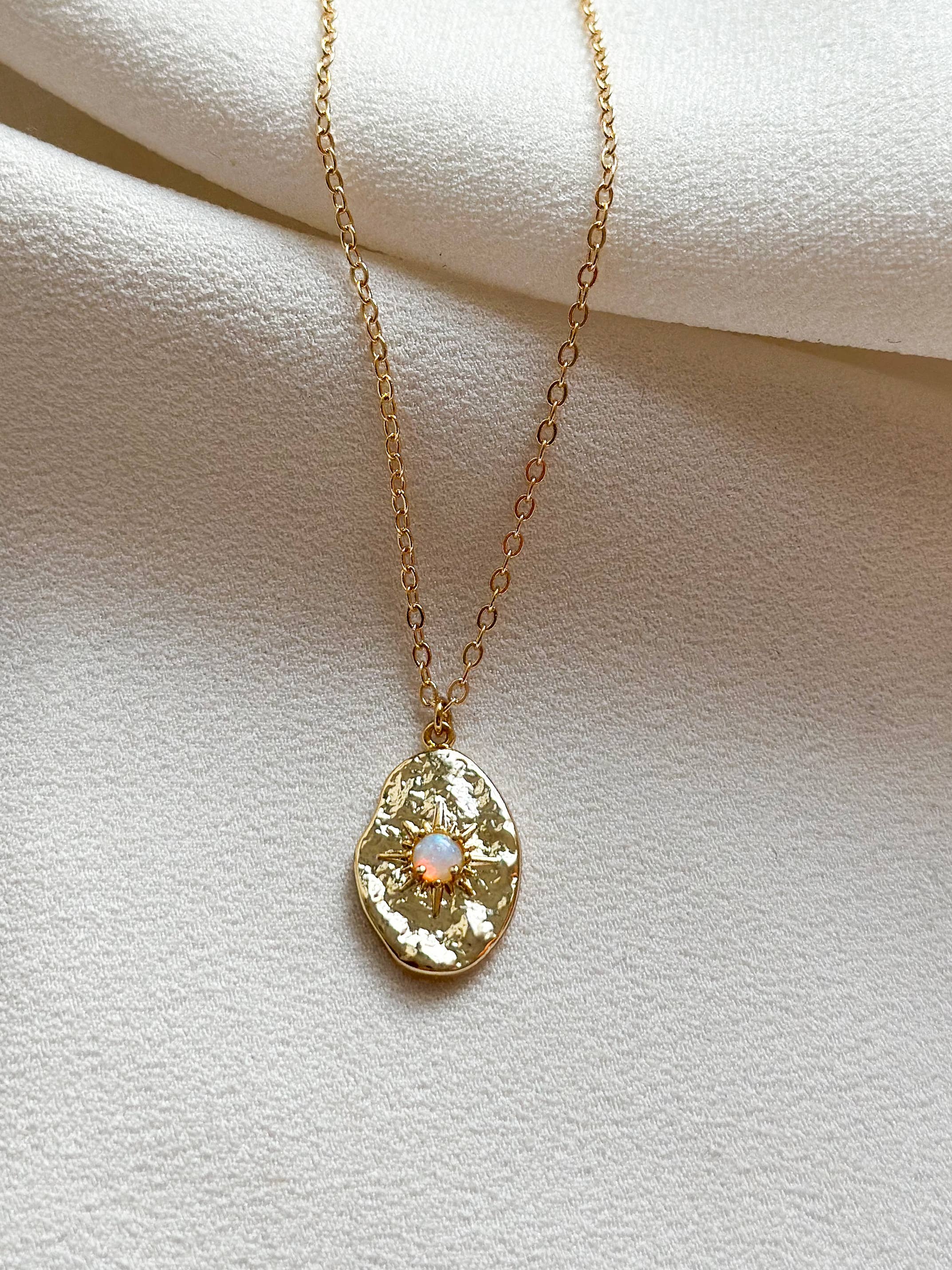 Belle - 18k Gold Opal Hammered Pendant Necklace