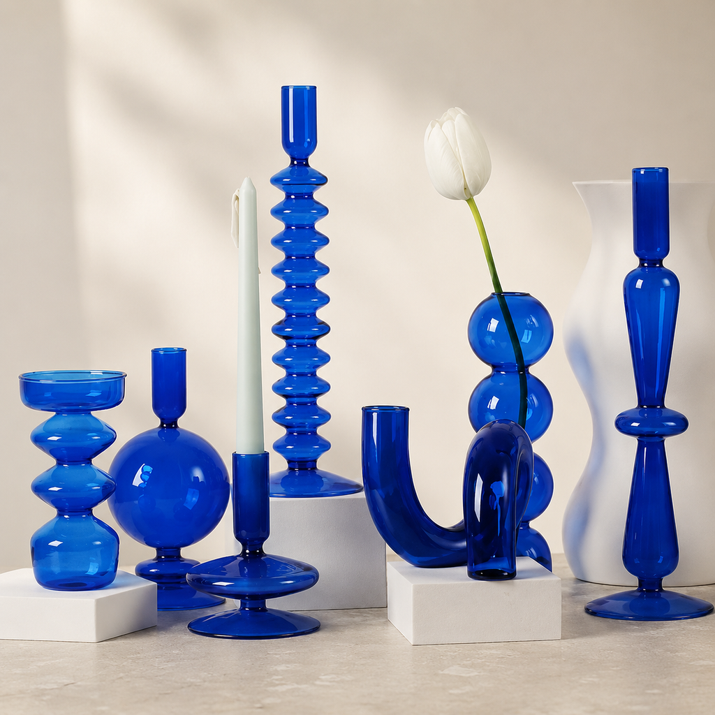 Blue Glass Candlestick Holder / Vase - Modern Candle Stand