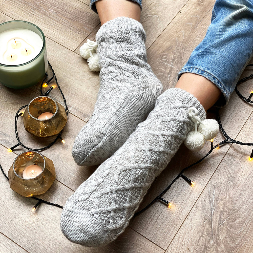 Knitted Slipper Socks - Grey Cable Knit