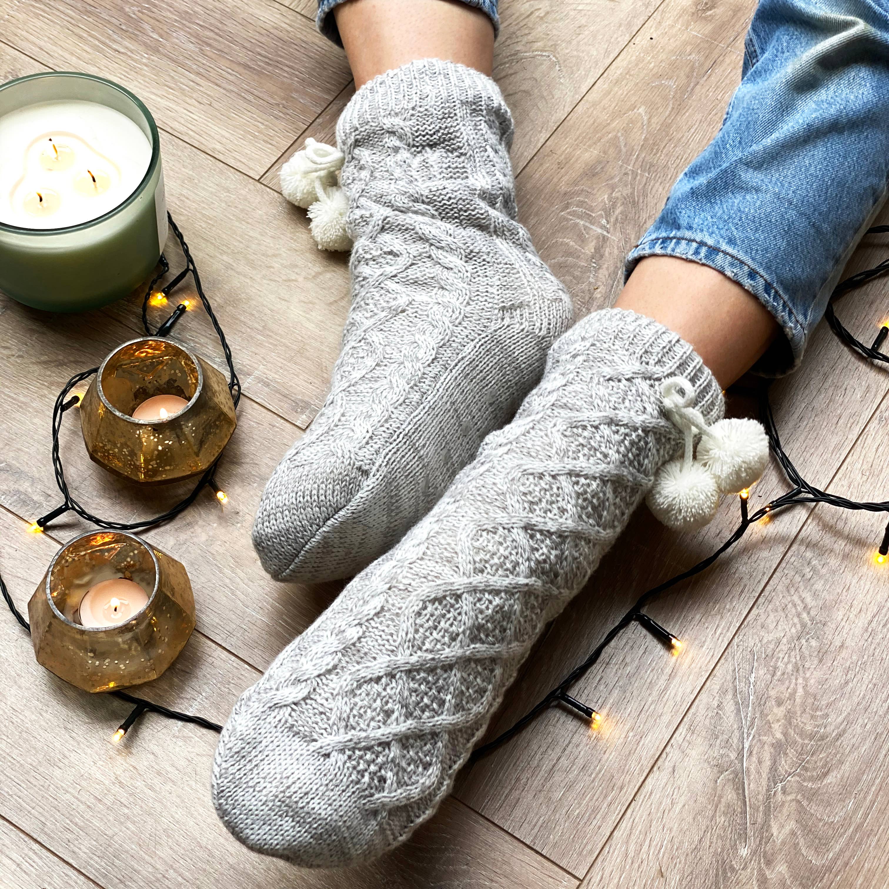 Knitted Slipper Socks - Grey Cable Knit